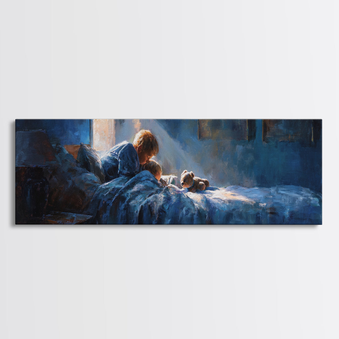 Mother Reading To Child In Blue Bedroom Wall Art, Moody Impressionist Bedtime Print, Cozy Nursery Decor, Above Bed Gift For Mom