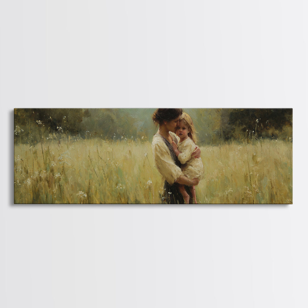 Mother Holding Toddler In Golden Field Framed Canvas Print, Impressionist Landscape Wall Art, Rustic Farmhouse Nursery Decor