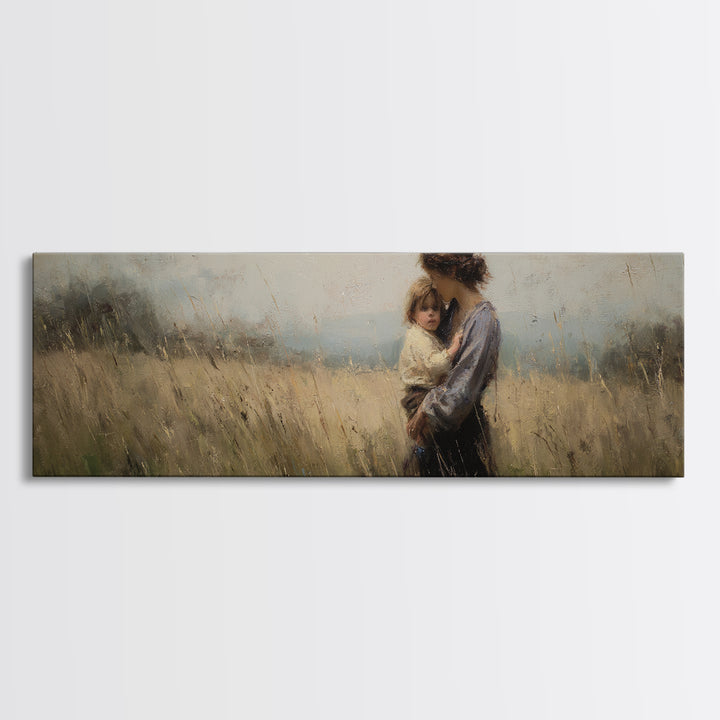 Tender Mother And Child In Wheat Field Canvas Print, Moody Impressionist Wall Art, Neutral Nursery Decor, Gift For Mom, Living Room Art