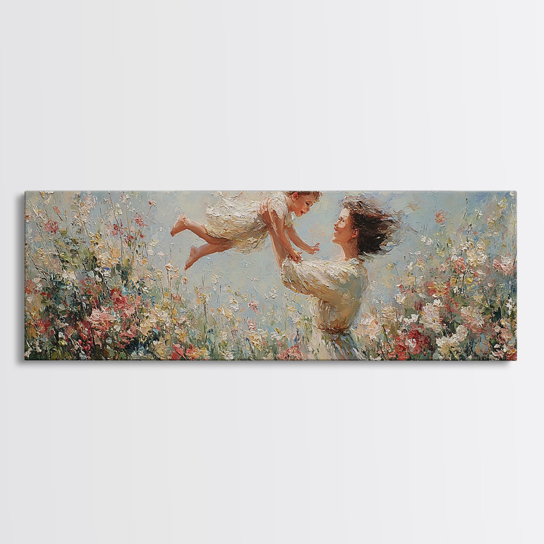 Mother Lifting Child Over Blooming Meadow Framed Canvas Print, Impressionist Floral Wall Art, Nursery Decor Gift For Mom