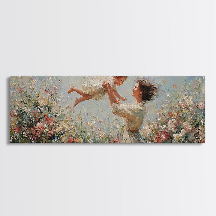 Mother Lifting Child Over Blooming Meadow Framed Canvas Print, Impressionist Floral Wall Art, Nursery Decor Gift For Mom