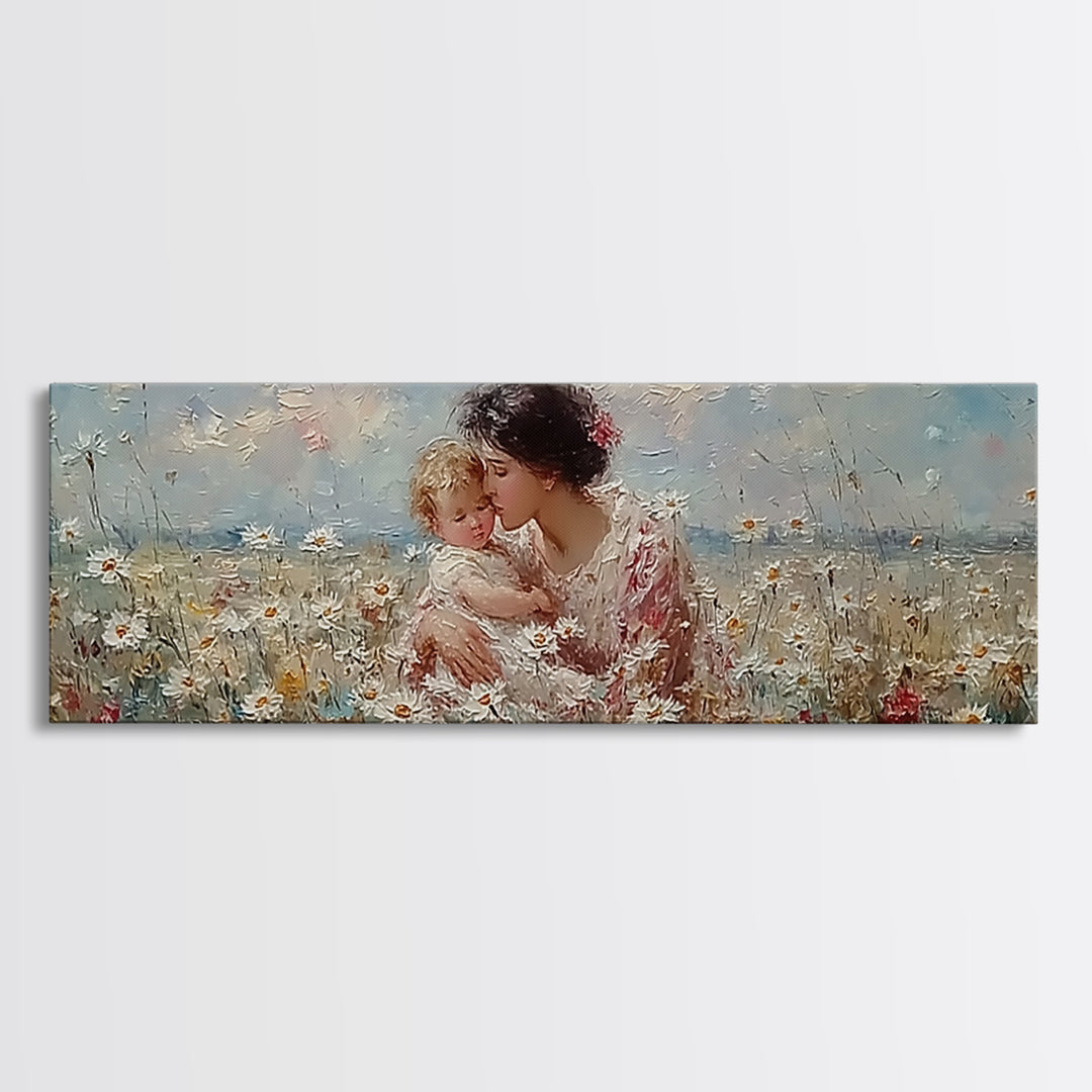 Tender Mother And Child Embrace In Daisy Field Framed Canvas Print, Floral Wall Art, Feminine Nursery Decor Gift For Her