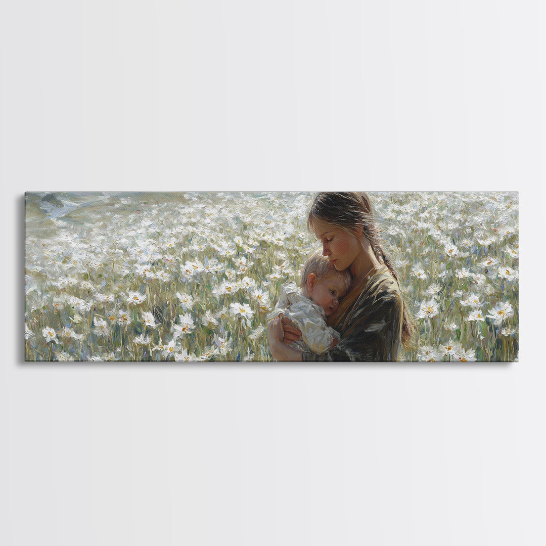 Peaceful Mother Cradling Baby In White Daisy Meadow Canvas Print, Nature Wall Art, Feminine Nursery Decor Gift For New Mom