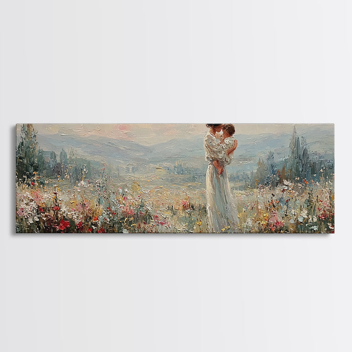 Mother Holding Infant Above Misty Floral Valley Canvas Print, Landscape Wall Art, Romantic Bedroom Decor Housewarming Gift