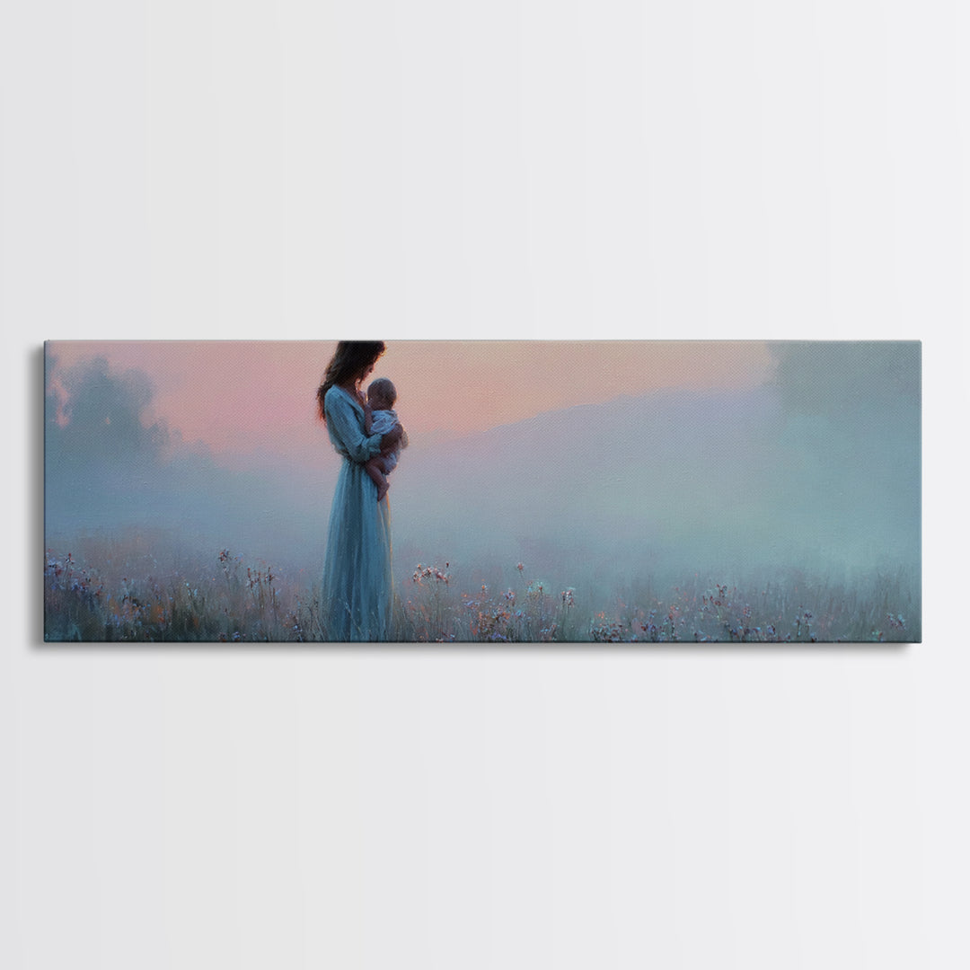 Mother And Baby At Misty Pink Dawn Framed Canvas Print, Moody Wall Art, Feminine Nursery Decor, Romantic Bedroom Gift For Mom