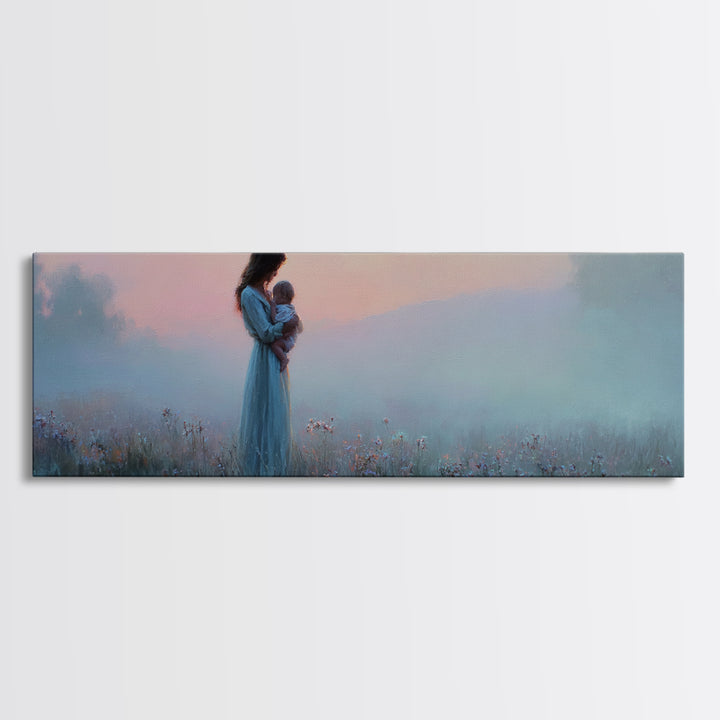 Mother And Baby At Misty Pink Dawn Framed Canvas Print, Moody Wall Art, Feminine Nursery Decor, Romantic Bedroom Gift For Mom