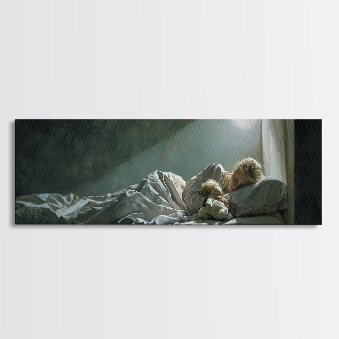 Moonlit Mother And Child Sleeping Beside Teddy Bear Canvas Print, Calming Wall Art, Nursery Bedroom Decor Gift For New Mom