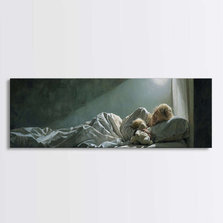 Moonlit Mother And Child Sleeping Beside Teddy Bear Canvas Print, Calming Wall Art, Nursery Bedroom Decor Gift For New Mom