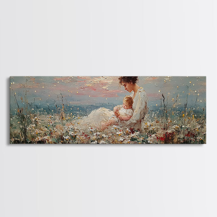Mother And Baby Wildflower Meadow Wall Art, Angelic Nursery Decor, Feminine Fine Art Print, Gift For Mom, Living Room Decor