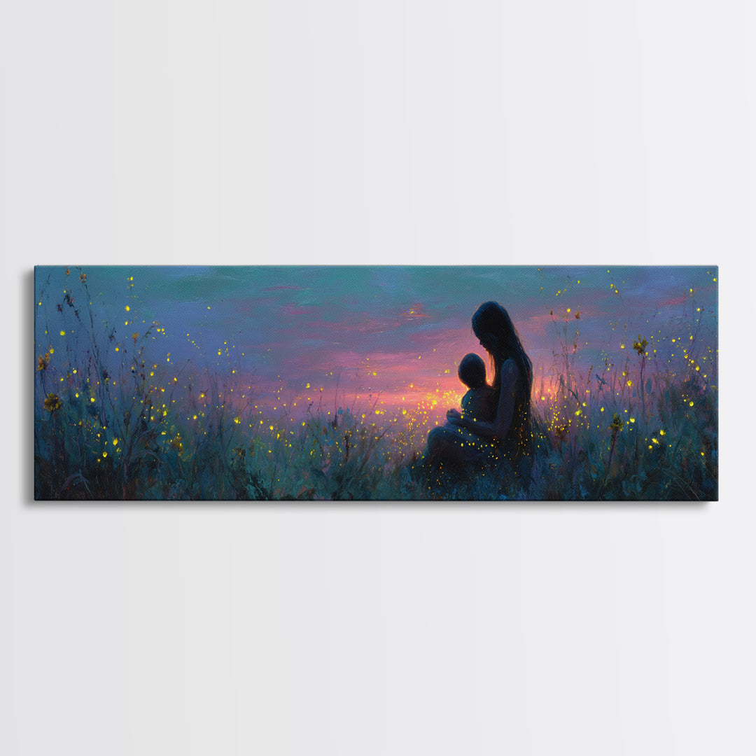 Mother And Child Twilight Meadow Canvas Print, Celestial Firefly Wall Decor, Boho Nursery Art, Gift For Mom, Bedroom Decor