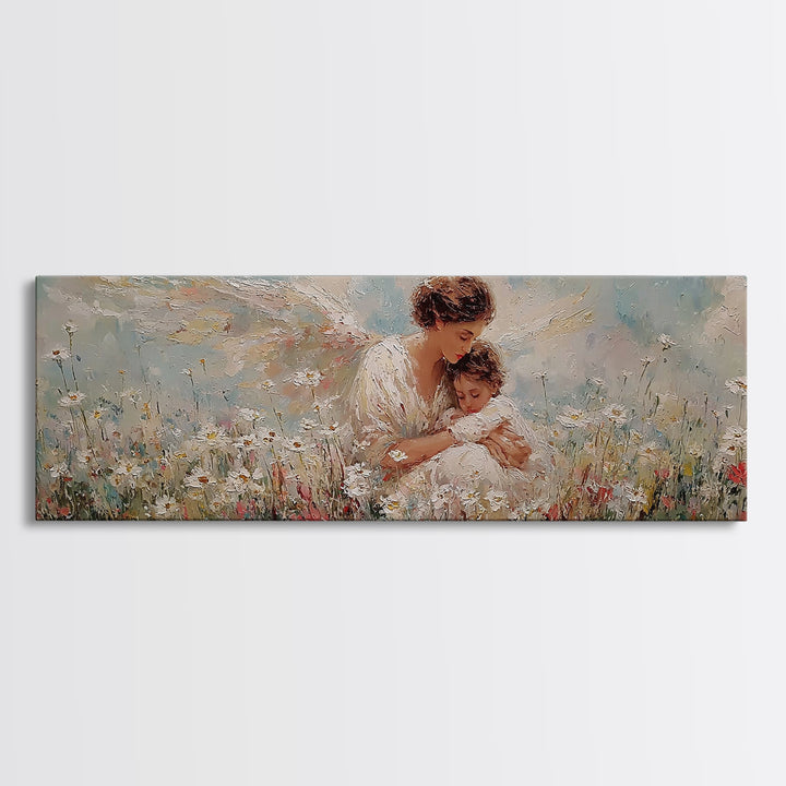Guardian Angel And Child Framed Canvas Print, Wildflower Meadow Wall Art, Christian Nursery Decor, Gift For Mom, Fine Art