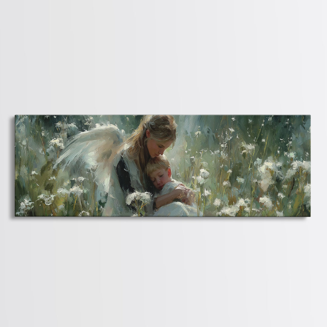 Blonde Guardian Angel With Baby Wall Art, Serene Wildflower Meadow Canvas Print, Christian Nursery Decor, Gift For Her, Home Decor
