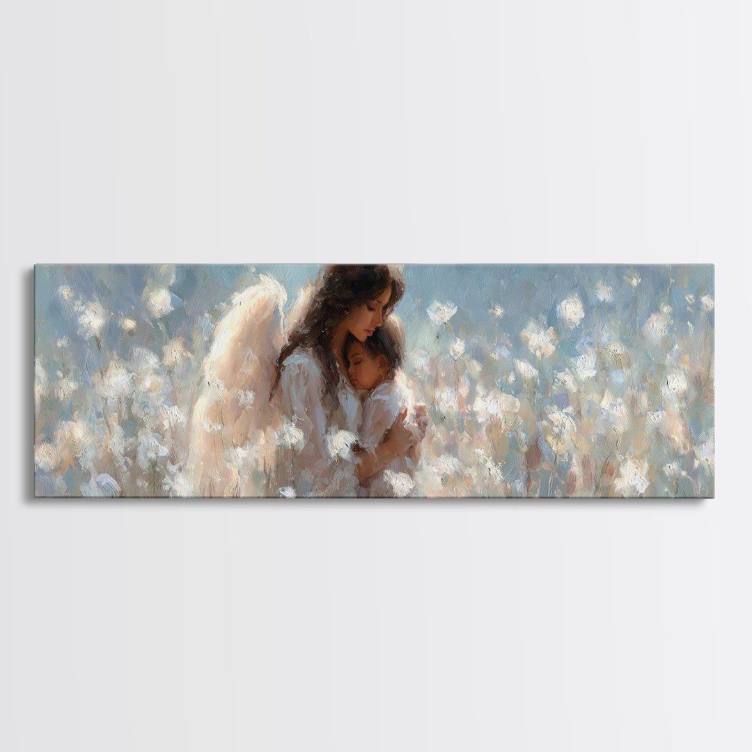 Angel Mother And Child In White Flowers Canvas Print, Dreamy Nursery Wall Art, Christian Home Decor, Gift For Mom, Fine Art
