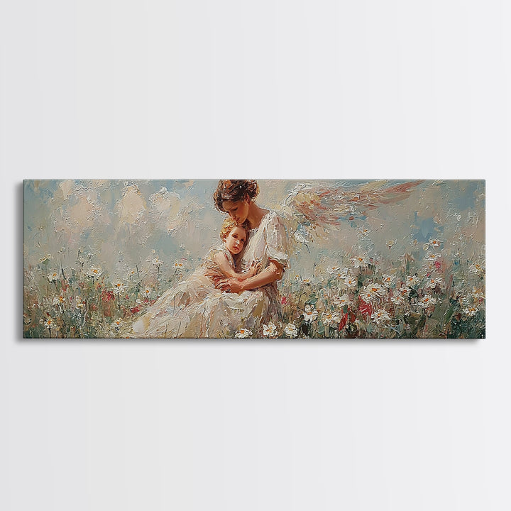Mother Angel Holding Baby In Wildflowers Wall Art, Soft Pastel Canvas Print, Christian Nursery Decor, Gift For Mom, Home Decor