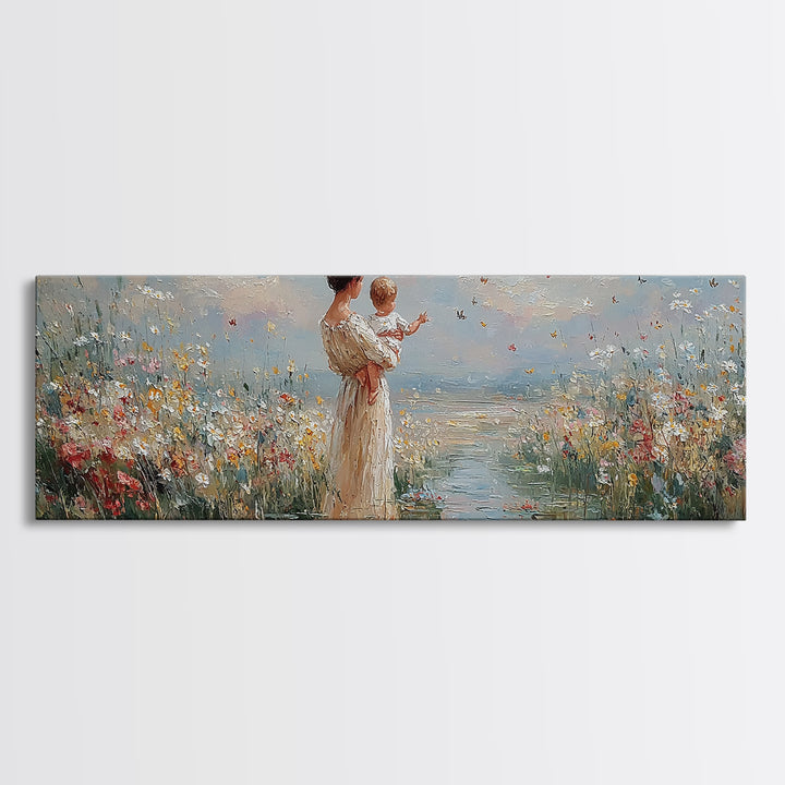 Mother Holding Baby By The Sea Wall Art, Wildflower Coastal Landscape Canvas Print, Nursery Decor, Gift For Mom, Fine Art