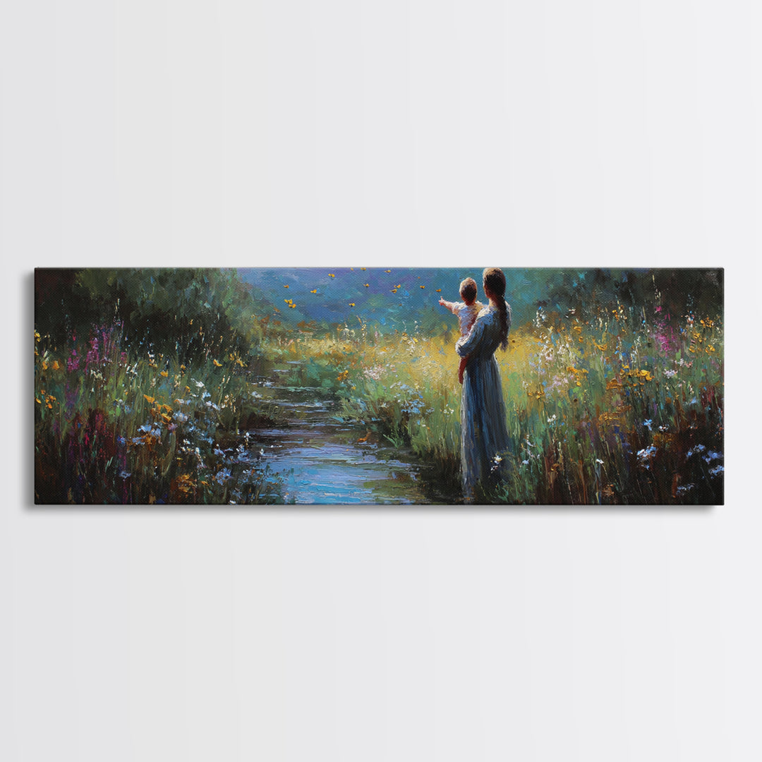 Mother And Child Beside Moonlit Stream Wall Art, Firefly Meadow Canvas Print, Spiritual Nursery Decor, Gift For Mom, Home Decor