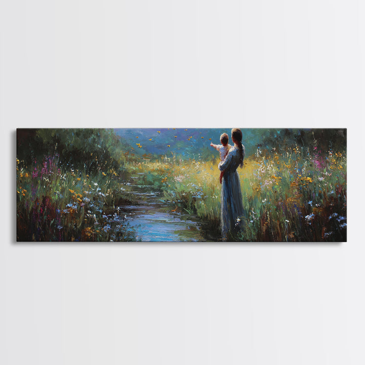 Mother And Child Beside Moonlit Stream Wall Art, Firefly Meadow Canvas Print, Spiritual Nursery Decor, Gift For Mom, Home Decor