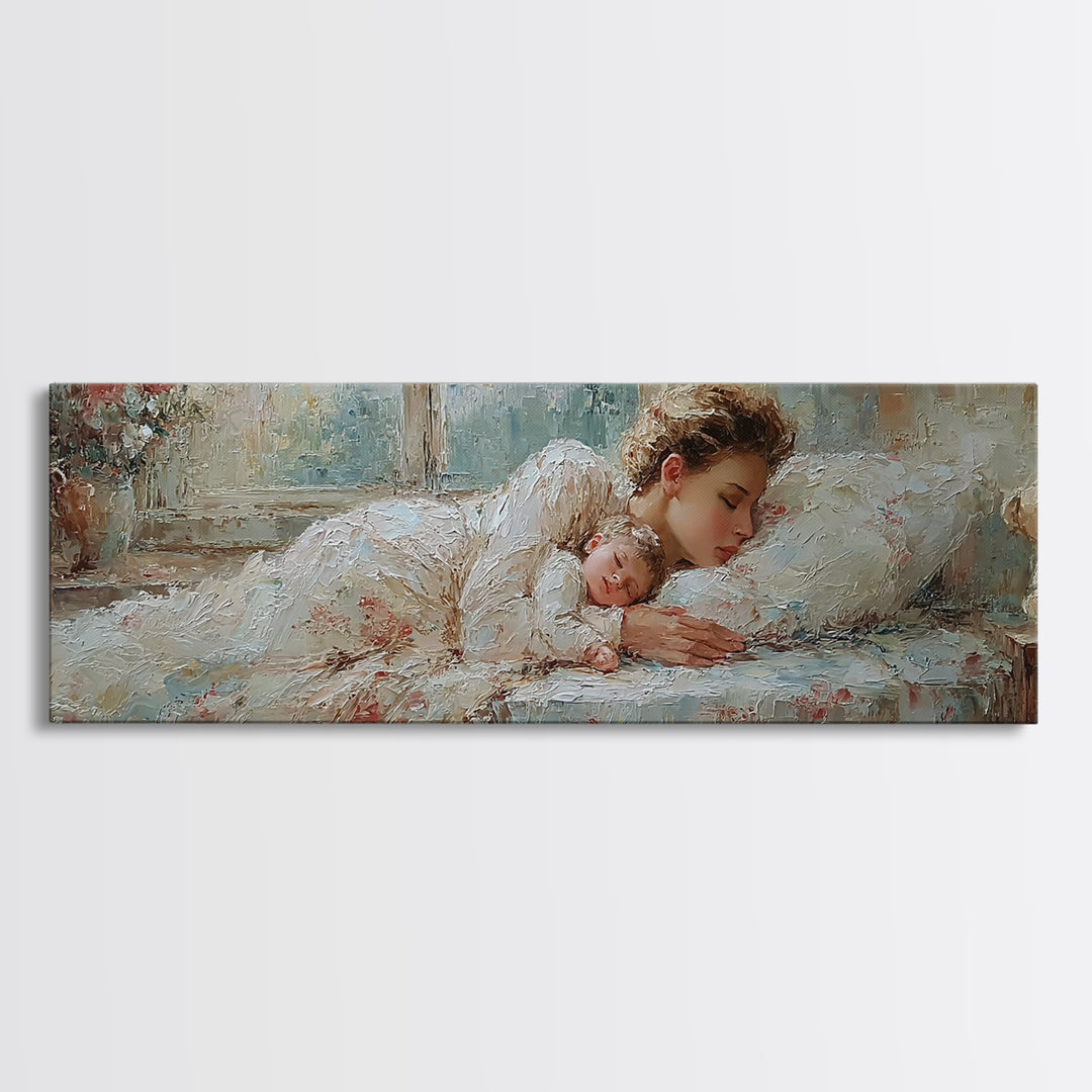 Sleeping Mother And Baby In Soft Light Wall Art, Tender Nursery Decor, Bedroom Canvas, Gift For Mom, Motherhood Art Print