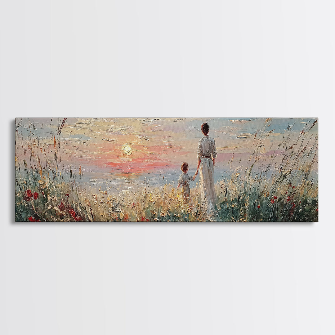 Mother And Child By Sunset Sea Canvas Print, Coastal Wall Art, Living Room Decor, Gift For Mom, Serene Beach Home Decor Prints