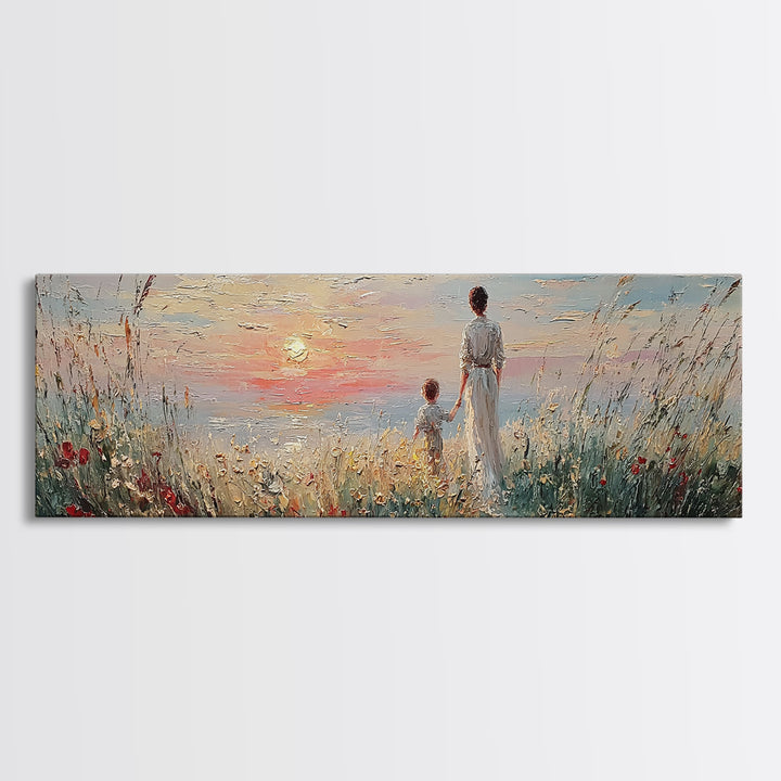 Mother And Child By Sunset Sea Canvas Print, Coastal Wall Art, Living Room Decor, Gift For Mom, Serene Beach Home Decor Prints