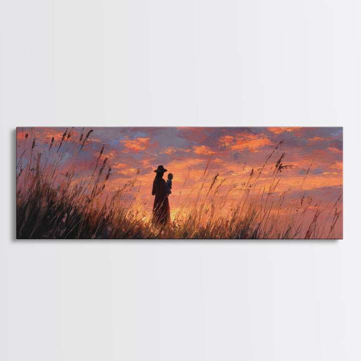 Silhouette Mother Holding Baby At Fiery Sunset Wall Art, Moody Landscape Painting, Gift For Her, Warm Bedroom Decor Canvas Print