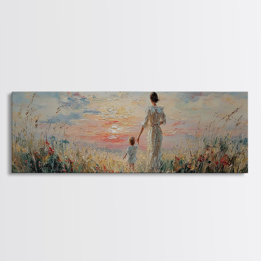 Mother And Child Walking Through Coastal Flowers Framed Canvas Print, Beach House Decor, Living Room Wall Art, Gift For Mom