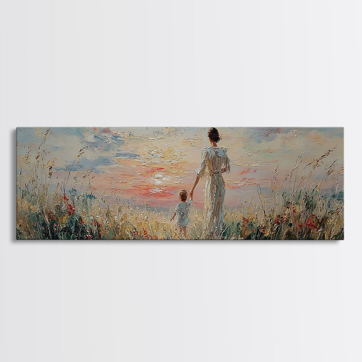 Mother And Child Walking Through Coastal Flowers Framed Canvas Print, Beach House Decor, Living Room Wall Art, Gift For Mom