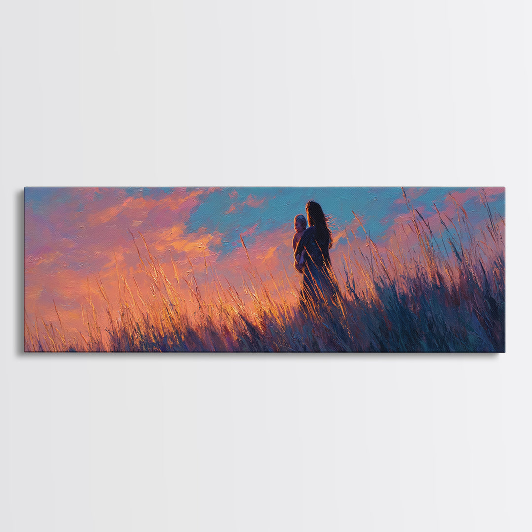 Mother Holding Baby In Purple Sunset Meadow Canvas Print, Romantic Wall Art, Moody Bedroom Decor, Gift For Her, Nursery Art