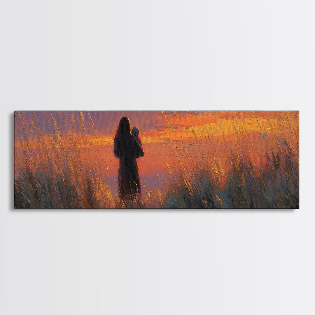 Mother And Baby Silhouette In Golden Field Wall Art, Sunset Landscape Painting, Warm Home Decor, Gift For Mom, Canvas Print