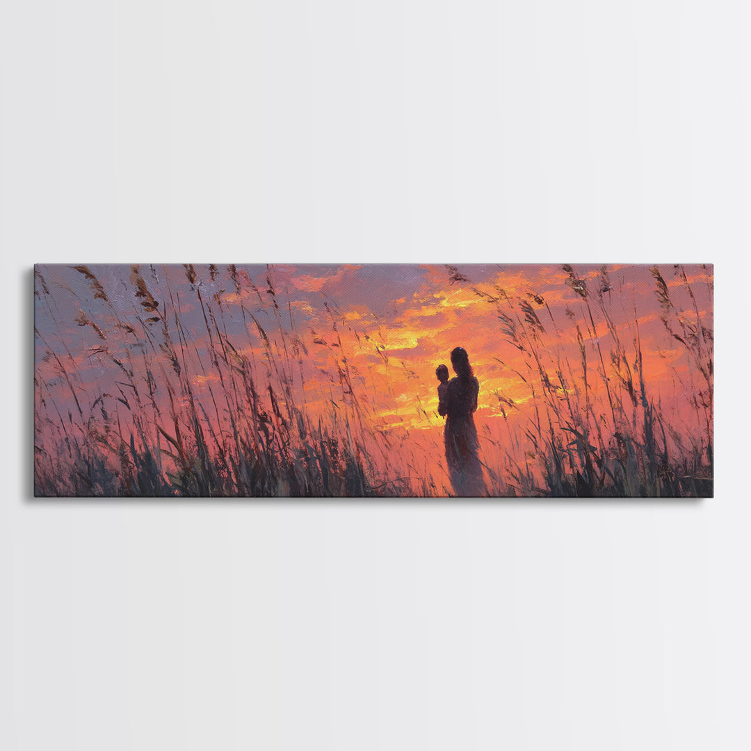 Mother Holding Baby At Rose Sunset Framed Canvas Print, Romantic Nursery Wall Art, Calming Bedroom Decor, Gift For Her And Mom