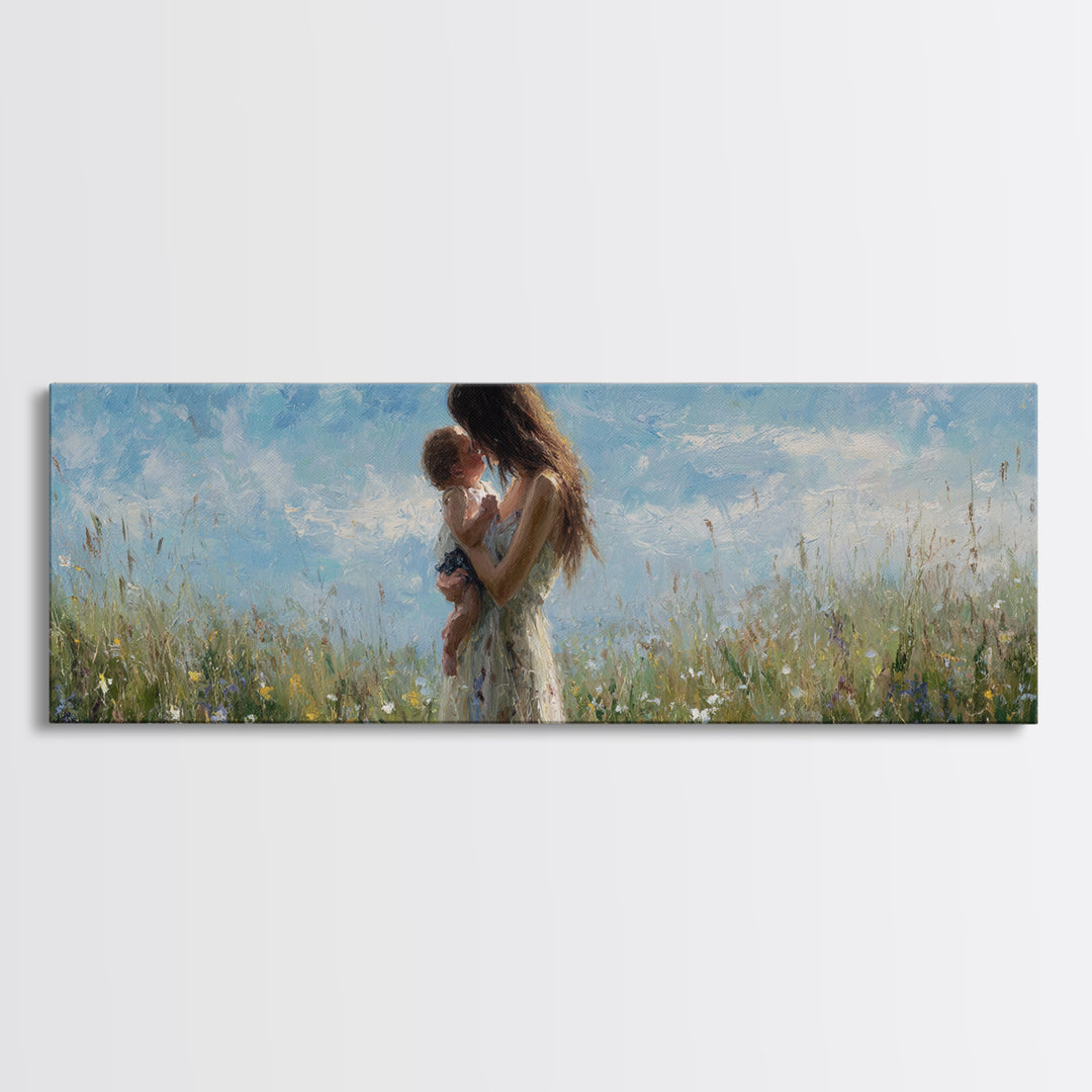 Mother Holding Baby In Wildflower Meadow Wall Art, Impressionist Floral Nursery Decor, Mothers Day Gift, Serene Living Room Print