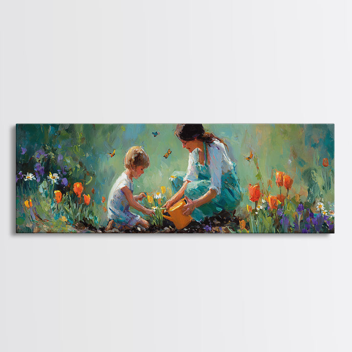 Mother And Child Planting Tulips Canvas Print, Whimsical Garden Wall Art, Floral Nursery Decor, Gift For Mom Cozy Home Decor