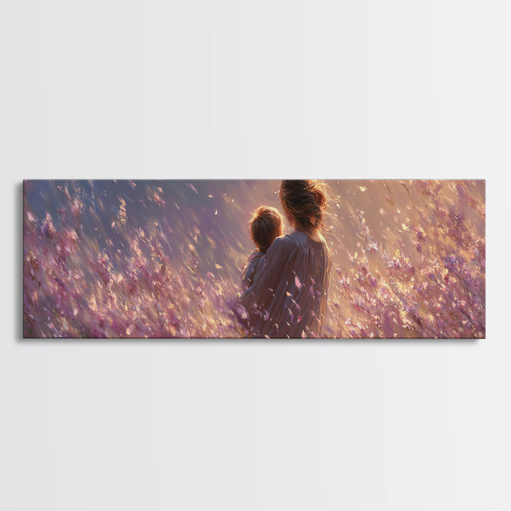 Mother Holding Child In Purple Wildflower Meadow Framed Canvas Print, Romantic Floral Wall Art, Nursery Decor, Gift For Mom