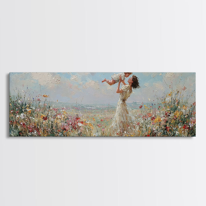Mother Lifting Baby By Seaside Wildflowers Wall Art, Impressionist Coastal Canvas Print, Nursery Decor, Mothers Day Gift