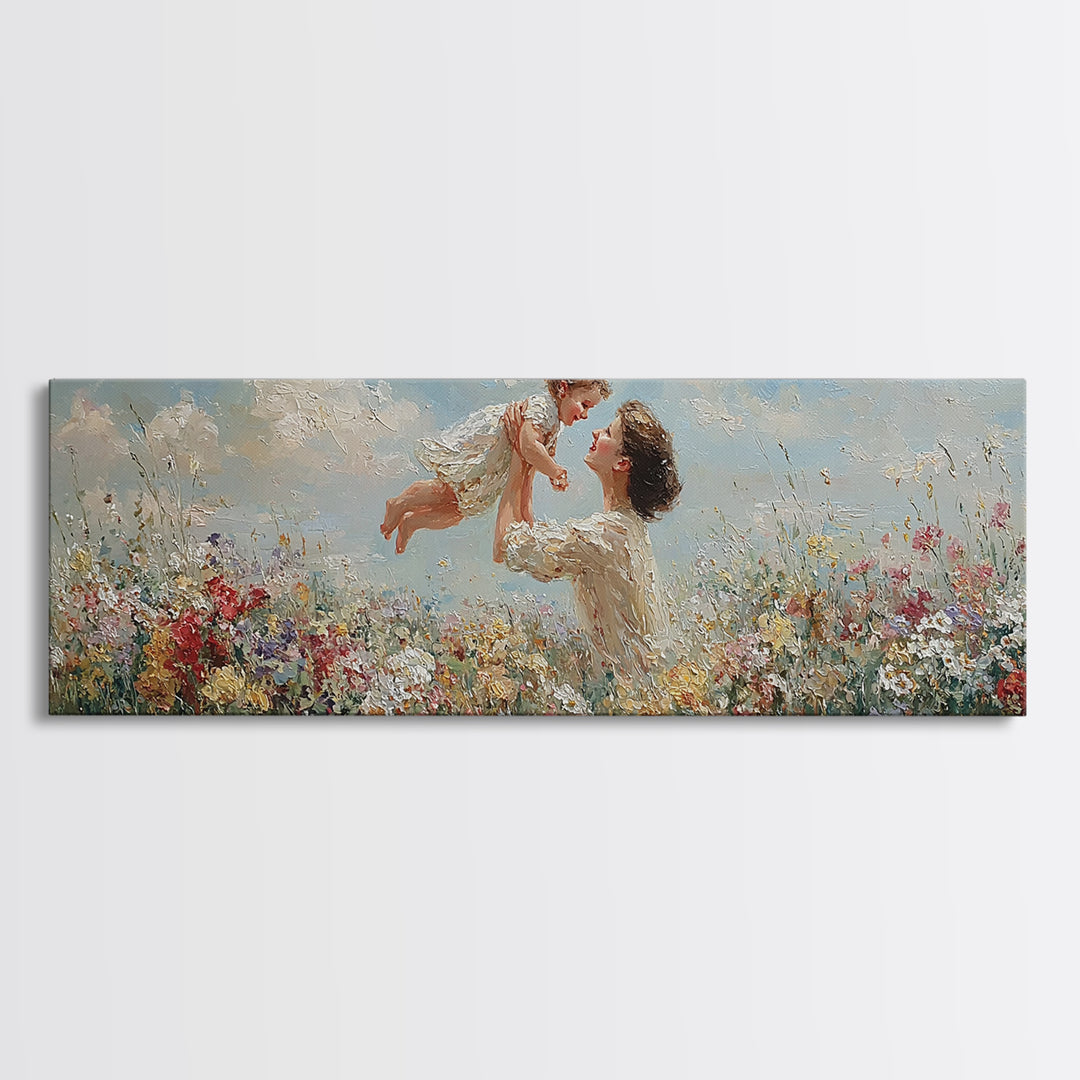 Mother Tossing Baby Above Wildflower Meadow Framed Canvas Print, Joyful Floral Wall Art, Nursery Decor, Mothers Day Gift