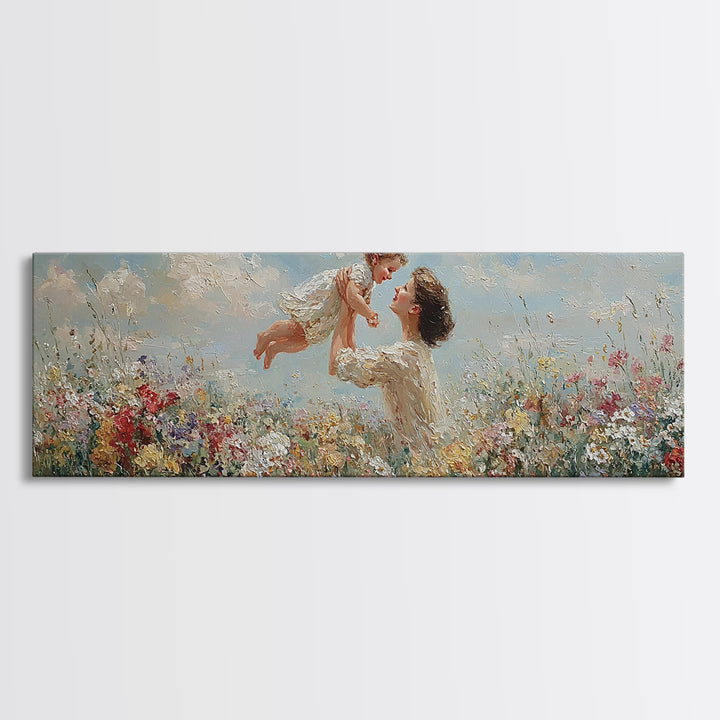 Mother Tossing Baby Above Wildflower Meadow Framed Canvas Print, Joyful Floral Wall Art, Nursery Decor, Mothers Day Gift