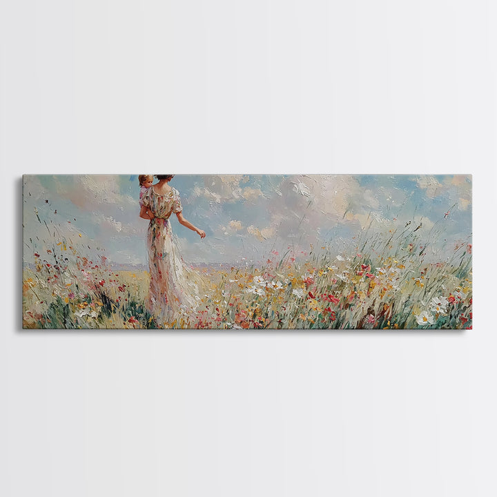 Mother Carrying Baby Through Wildflower Meadow Wall Art, Impressionist Landscape Canvas Print, Nursery Decor, Gift For Mom