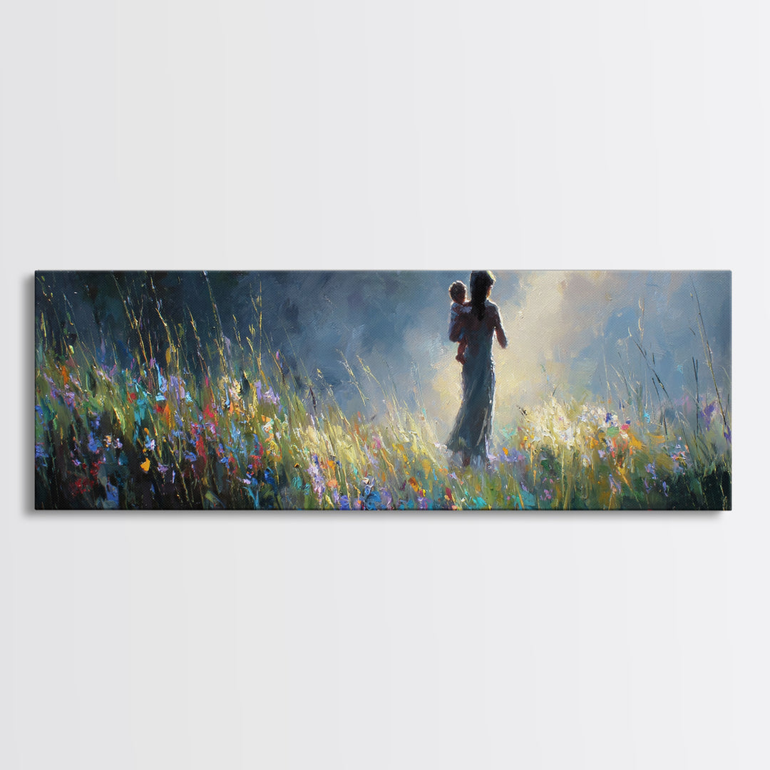 Mother And Child Silhouette In Moonlit Wildflower Meadow Canvas Print, Moody Wall Art, Nursery Decor, Gift For Mom Home Decor