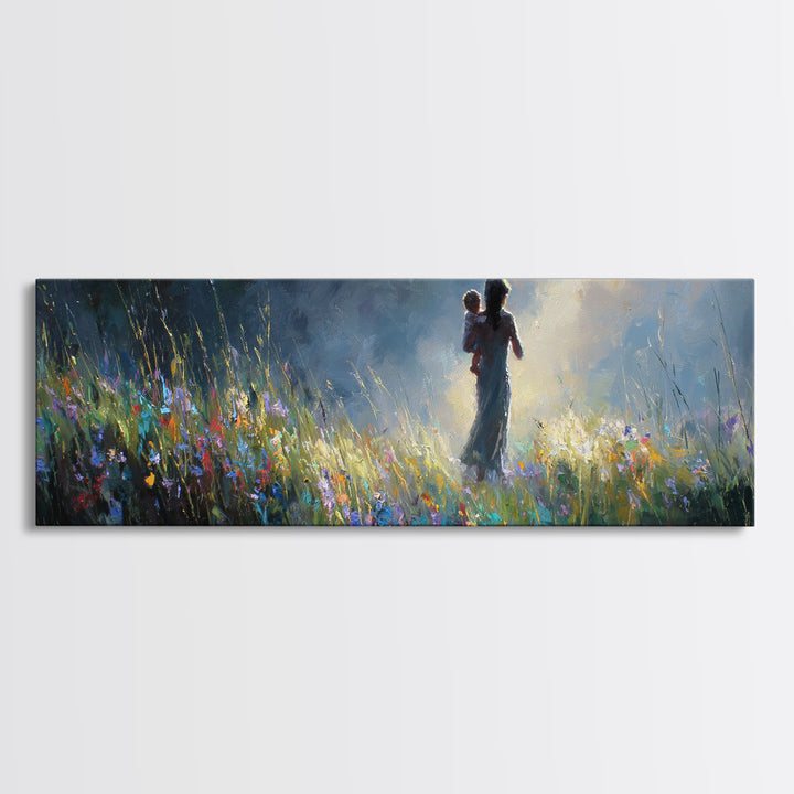 Mother And Child Silhouette In Moonlit Wildflower Meadow Canvas Print, Moody Wall Art, Nursery Decor, Gift For Mom Home Decor