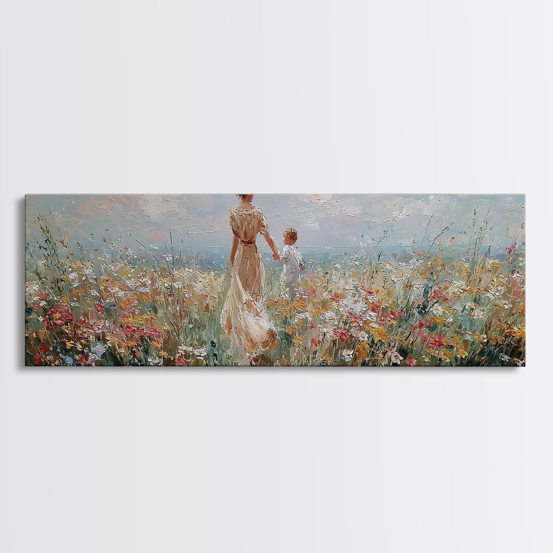 Mother And Child Holding Hands In Coastal Wildflower Meadow Wall Art, Impressionist Canvas Print, Nursery Decor, Gift For Mom