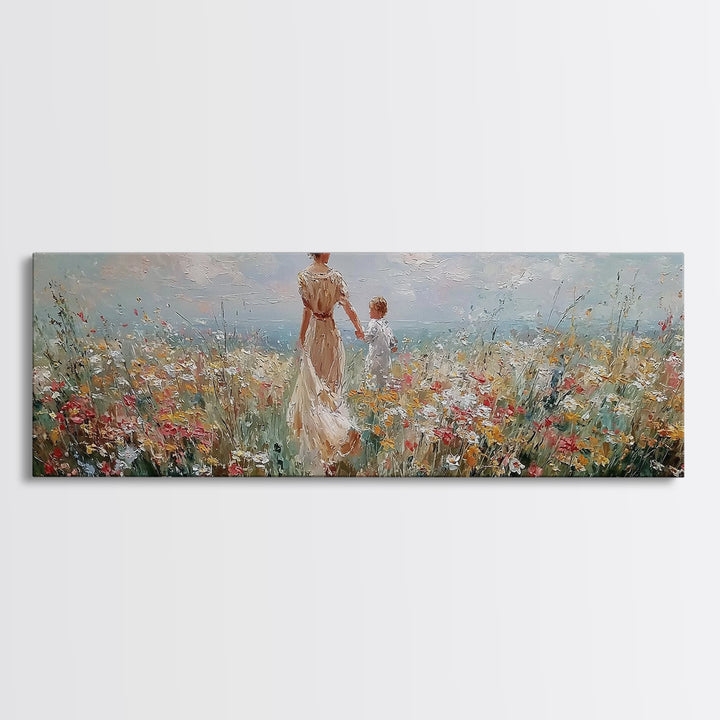 Mother And Child Holding Hands In Coastal Wildflower Meadow Wall Art, Impressionist Canvas Print, Nursery Decor, Gift For Mom