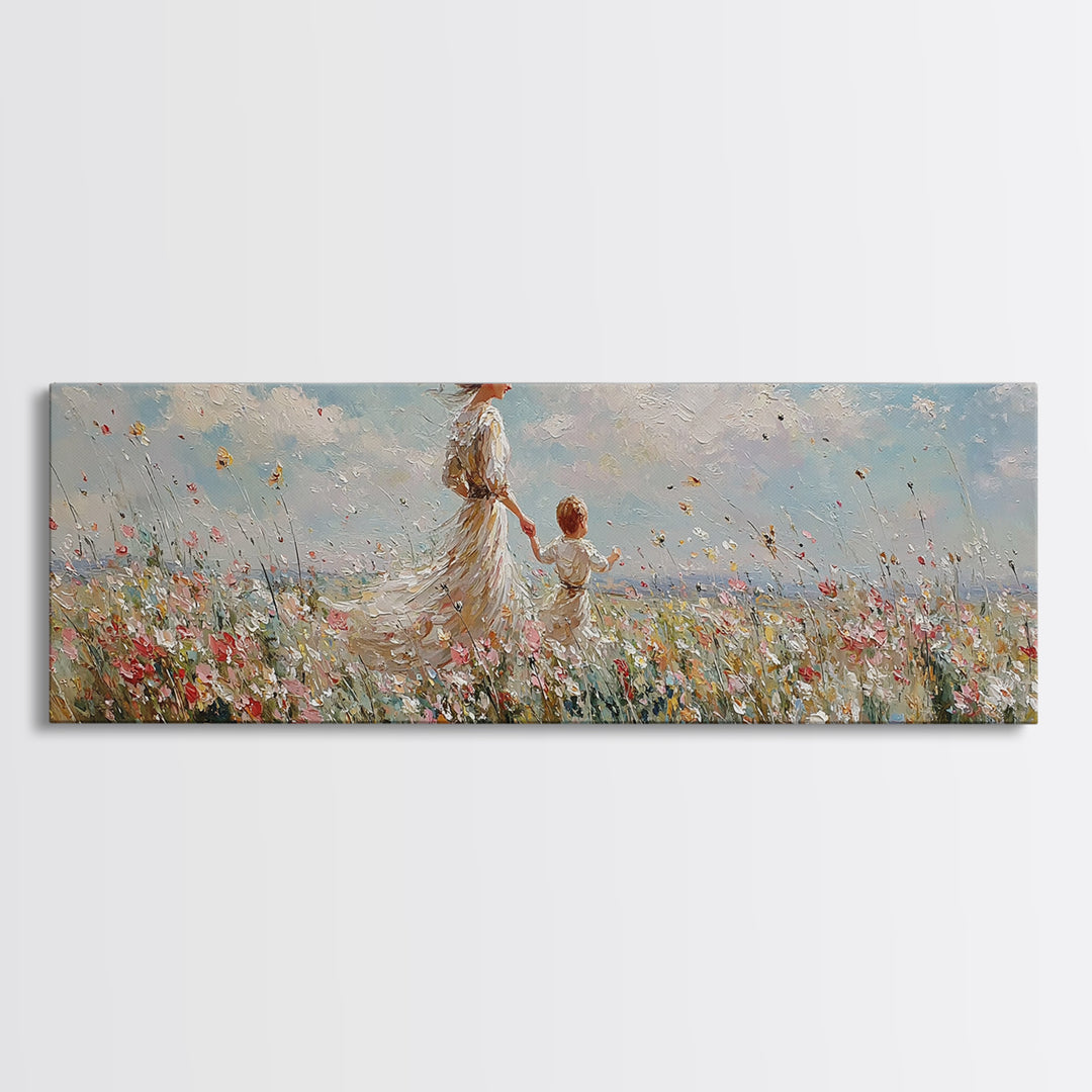 Mother And Child Walking Through Wildflowers Wall Art, Impressionist Meadow Canvas Print, Nursery Decor Gift For Mom And Her