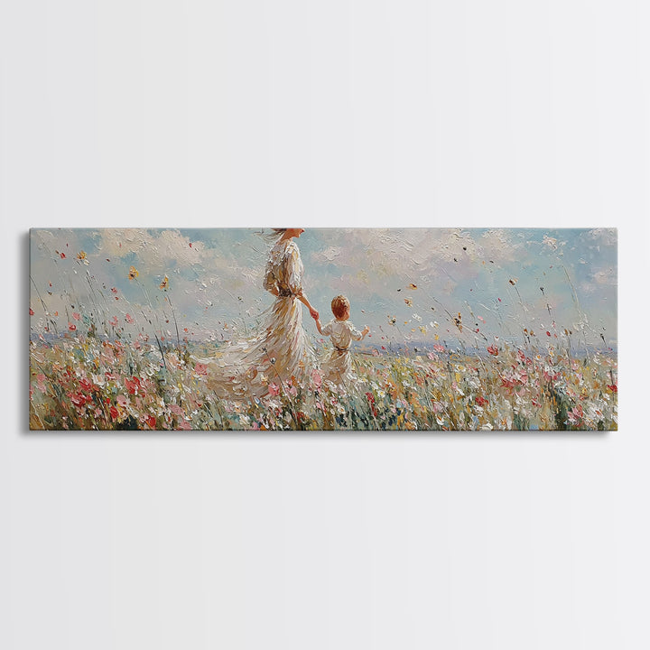 Mother And Child Walking Through Wildflowers Wall Art, Impressionist Meadow Canvas Print, Nursery Decor Gift For Mom And Her
