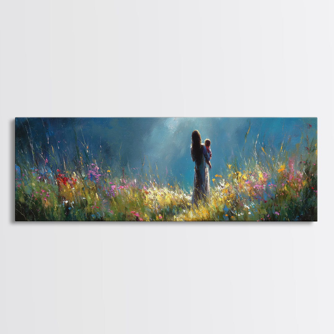 Moonlit Mother Holding Baby In Wildflower Meadow Wall Art, Impressionist Canvas Print, Nursery Decor Gift For Mom And Her