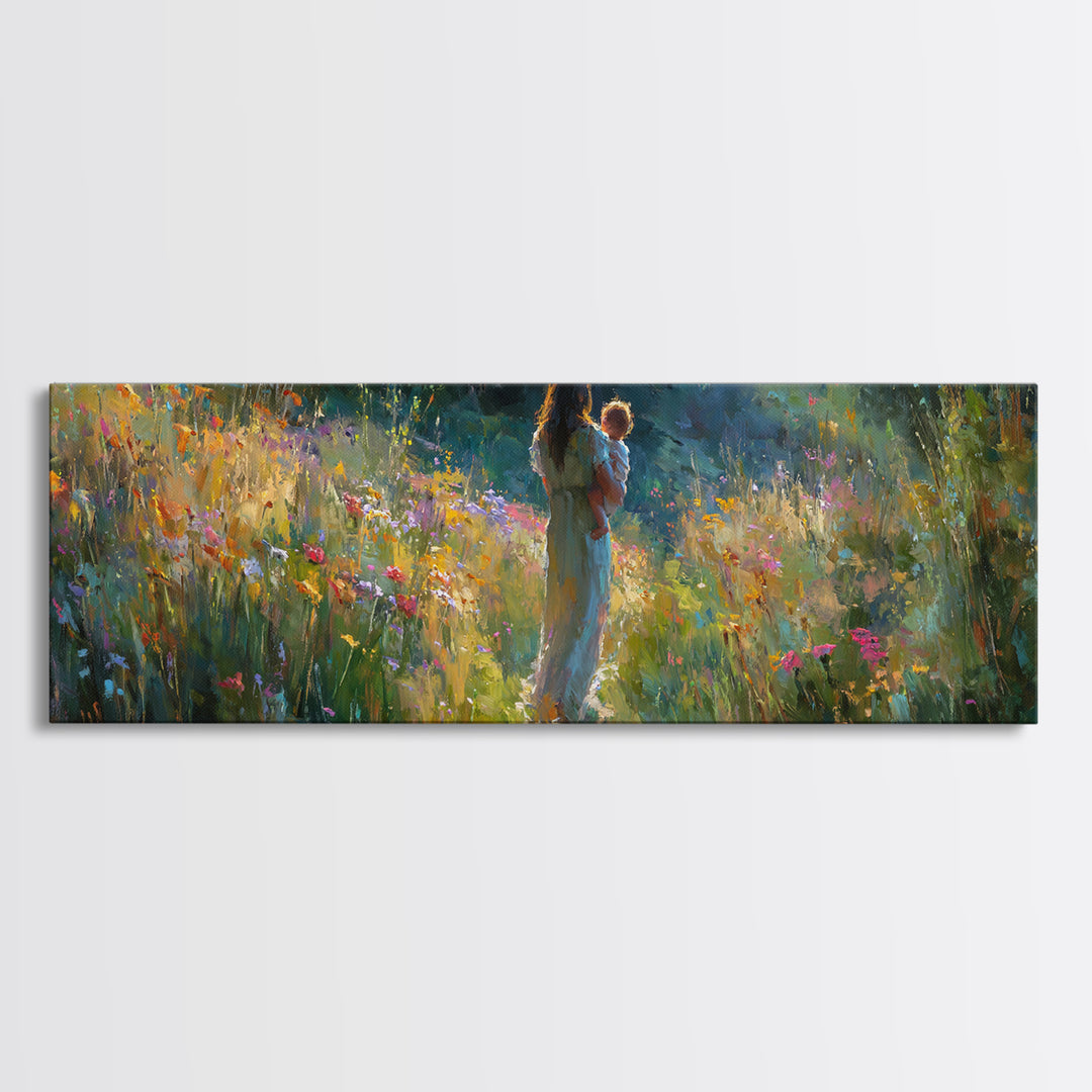 Mother And Baby In Sunlit Wildflower Path Wall Art, Impressionist Landscape Canvas Print, Nursery Decor Gift For Mom And Her