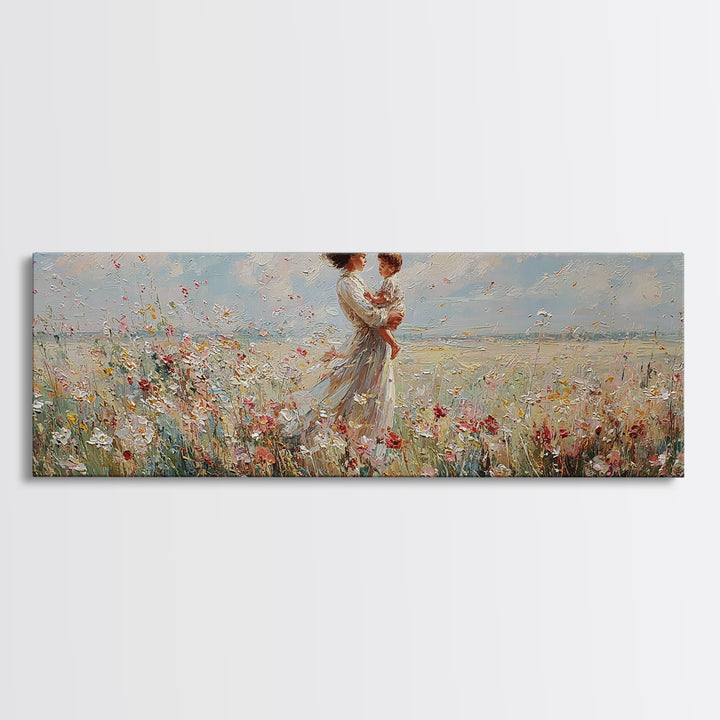 Mother Embracing Child In Breezy Wildflower Field Wall Art, Impressionist Canvas Print, Feminine Nursery Decor Gift For Mom