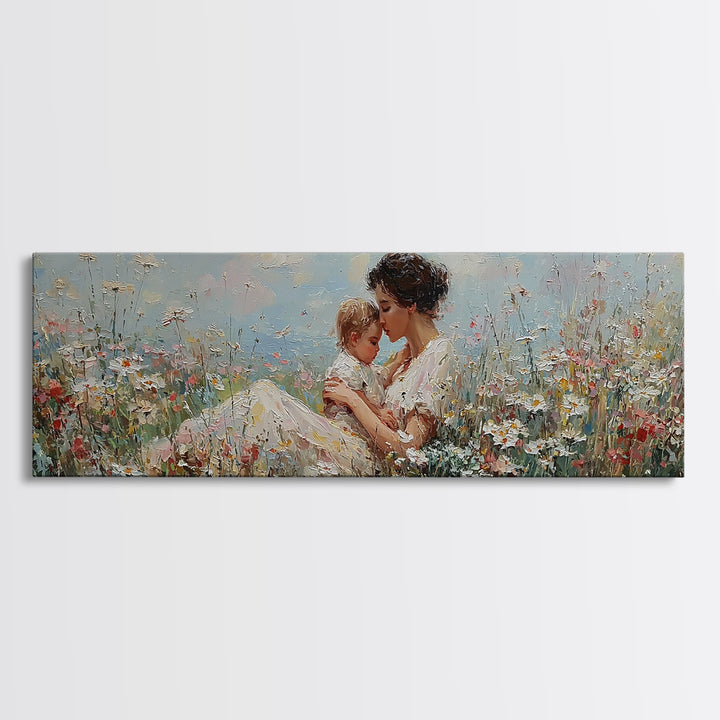 Seated Mother Cuddling Baby Among Wildflowers Wall Art, Impressionist Floral Canvas Print, Nursery Decor Gift For Mom And Her