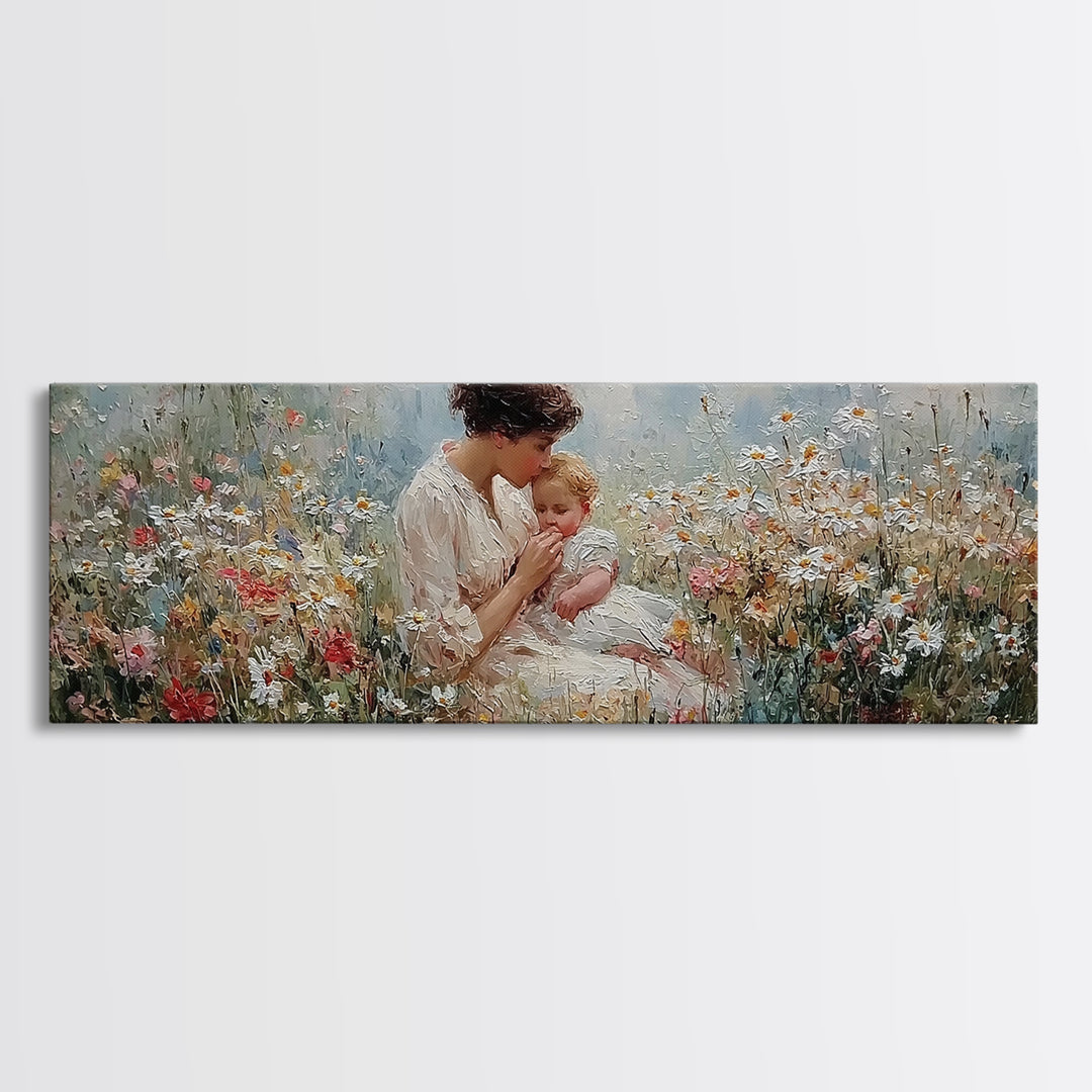 Tender Mother Kissing Baby In Floral Meadow Wall Art, Impressionist Framed Canvas Print, Nursery Decor Gift For Mom And Her
