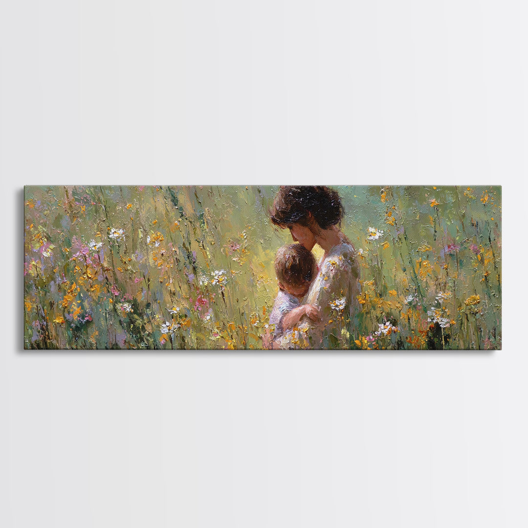 Mother Snuggling Baby In Golden Wildflower Meadow Wall Art, Impressionist Canvas Print, Feminine Nursery Decor Gift For Mom