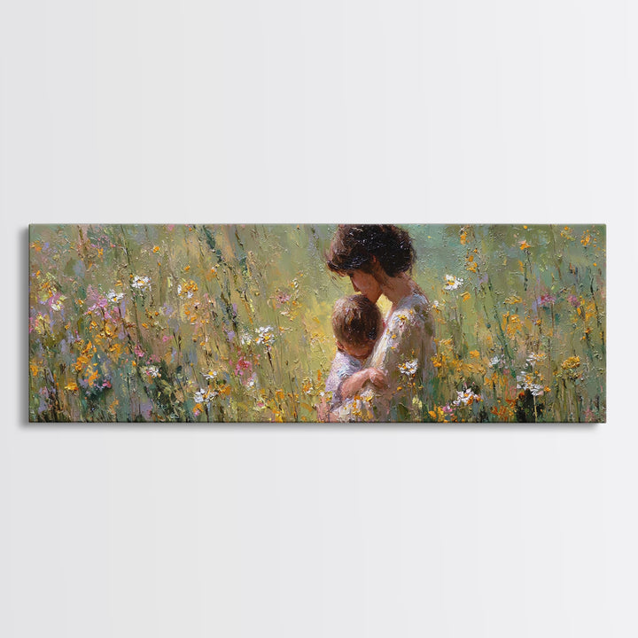 Mother Snuggling Baby In Golden Wildflower Meadow Wall Art, Impressionist Canvas Print, Feminine Nursery Decor Gift For Mom
